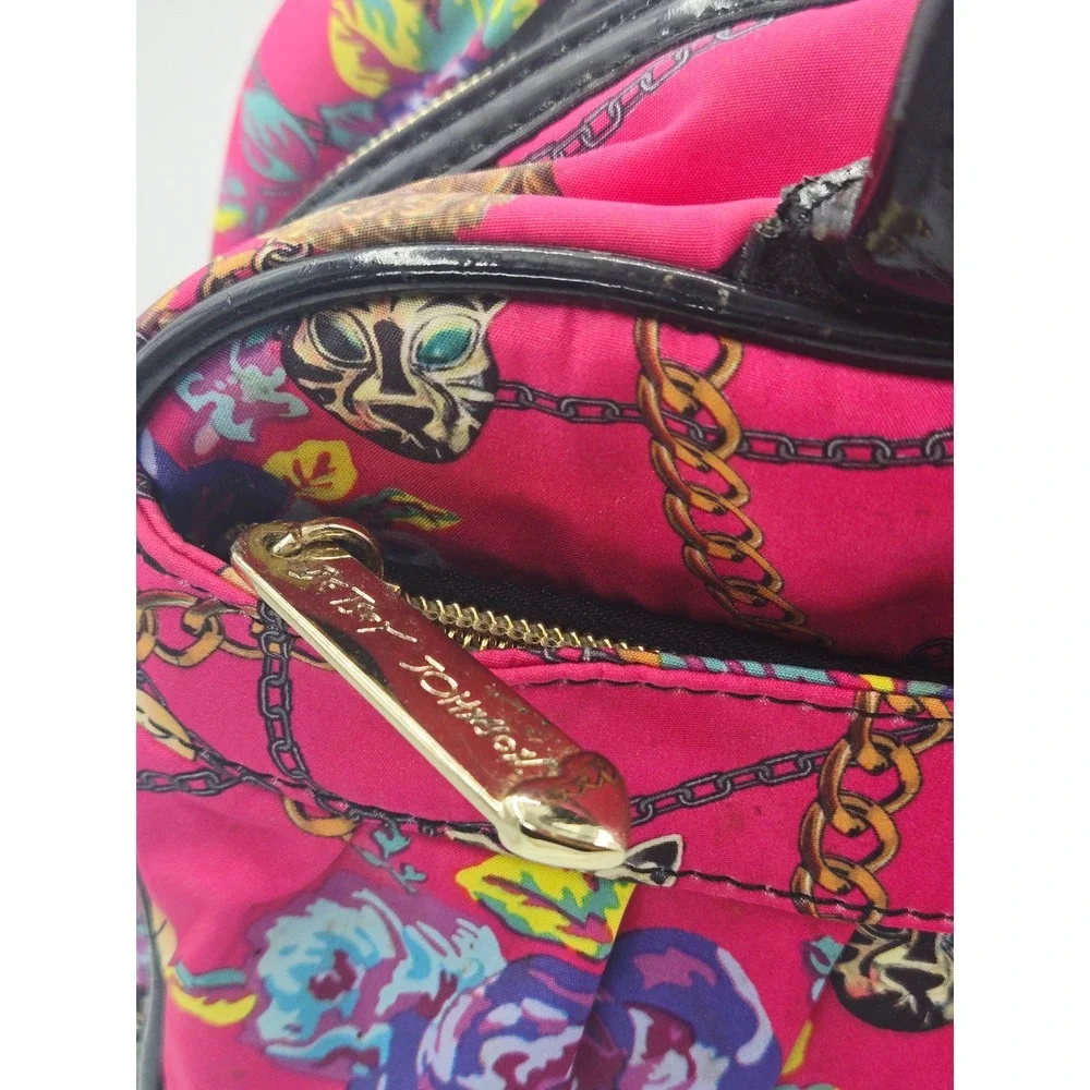 Betsey Johnson Y2K Pink Floral Chain Print Nylon Satchel Bag Black Patent‎ Trim